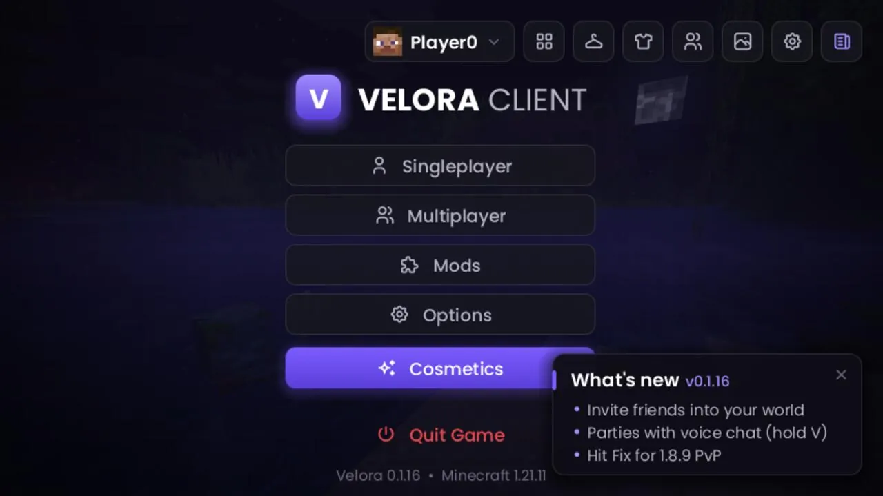 Velora's main menu in Minecraft 1.21.11